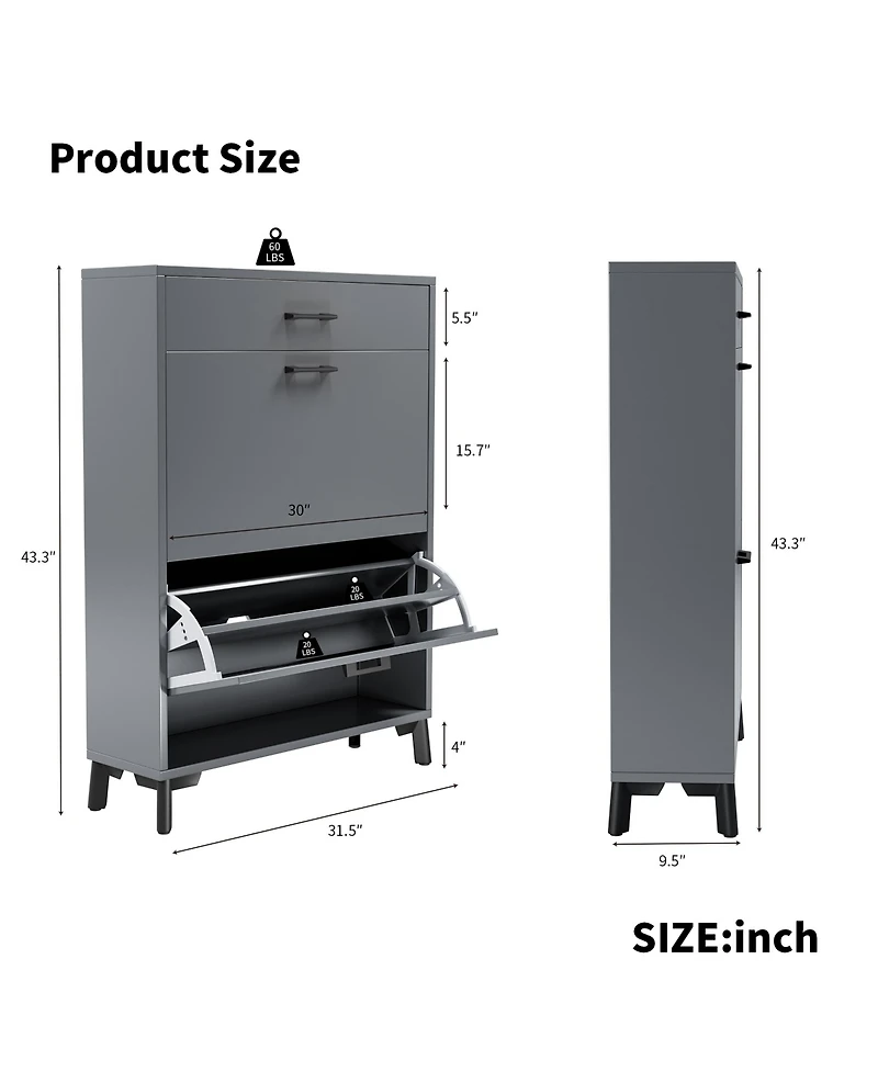 Rainsken Shoe Cabinet, Freestanding Organizer with 2 Flip Drawers, Hidden Storage Rack for Doorway, Hallway and Closet