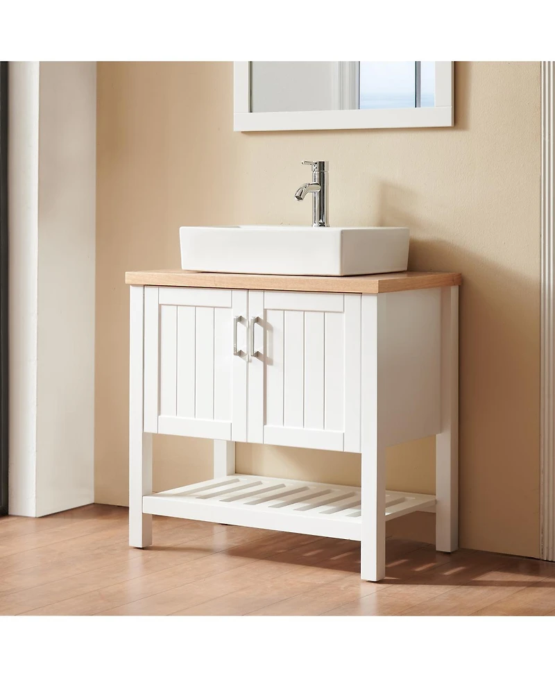 Sillysis Bathroom Vanity with Ceramic Sink, White Solid Wood and Mdf, Open Shelf and Cabinet, Above Counter Sink for Modern Bathrooms