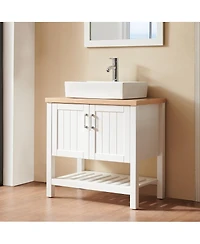 Sillysis Bathroom Vanity with Ceramic Sink, White Solid Wood and Mdf, Open Shelf and Cabinet, Above Counter Sink for Modern Bathrooms