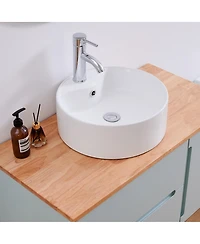 Sillysis Wall Mounted Vanity with Solid Wood Top, Double Drawers and Single Door, Round Ceramic Sink, Modern Minimalist Design
