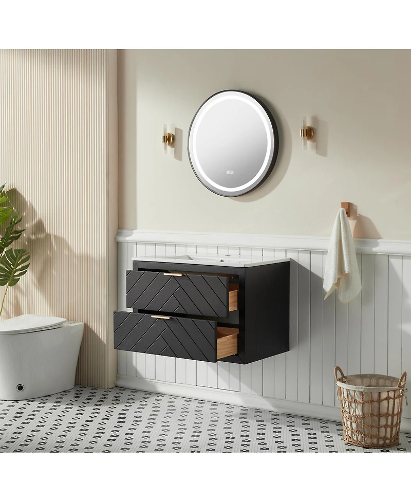 Sillysis Wall Mounted Floating Vanity with Ceramic Sink, Fully Assembled Plywood Cabinet, 2 Drawers for Small Spaces