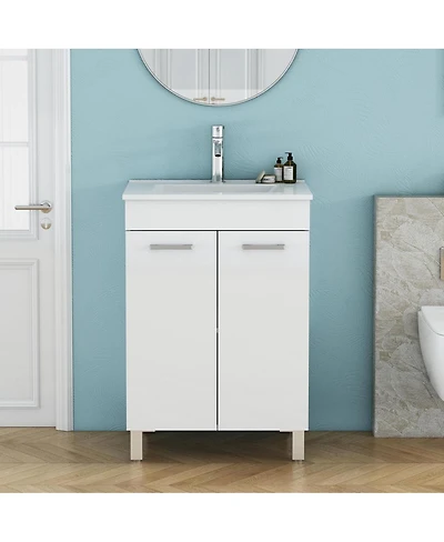 Sillysis Glossy White Freestanding Bathroom Vanity with Ceramic Sink, Soft Close Doors