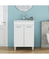 Sillysis Glossy White Freestanding Bathroom Vanity With Ceramic Sink Soft Close Doors Adjustable Shelf For Storage