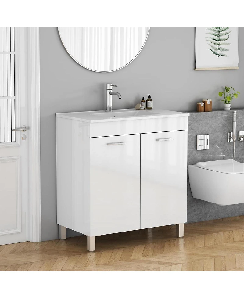 Sillysis Glossy White Freestanding Bathroom Vanity with Ceramic Sink, Soft Close Doors, Adjustable Shelf for Storage