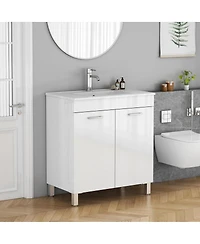 Sillysis Glossy White Freestanding Bathroom Vanity with Ceramic Sink, Soft Close Doors, Adjustable Shelf for Storage