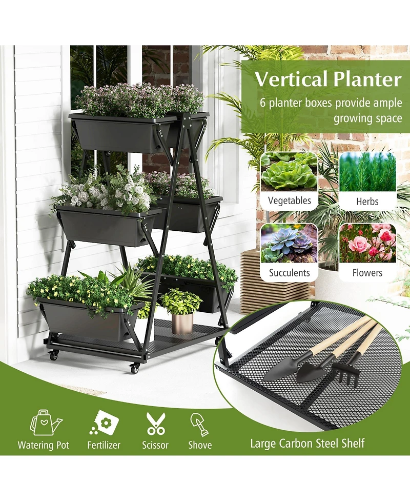 Slickblue 3-Tier Vertical Raised Garden Bed with 4 Wheels and 6 Container Boxes-Black