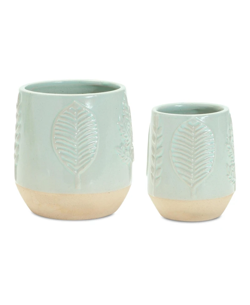 Slickblue Two-tone Porcealin Planter With Leaf Design (Set of 2)