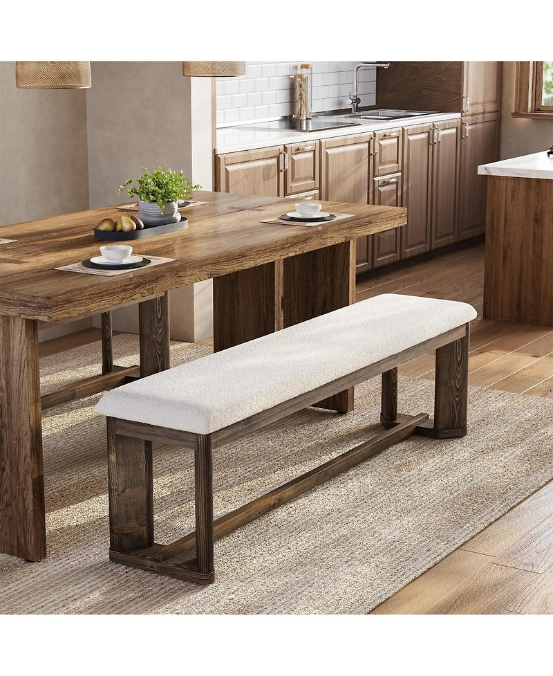 Tribesigns 63" Solid Wood Dining Bench, Upholstered Farmhouse Dining Bench with Faux Lamb Fur Seat,Kitchen Table Bench with Antique Brown Legs