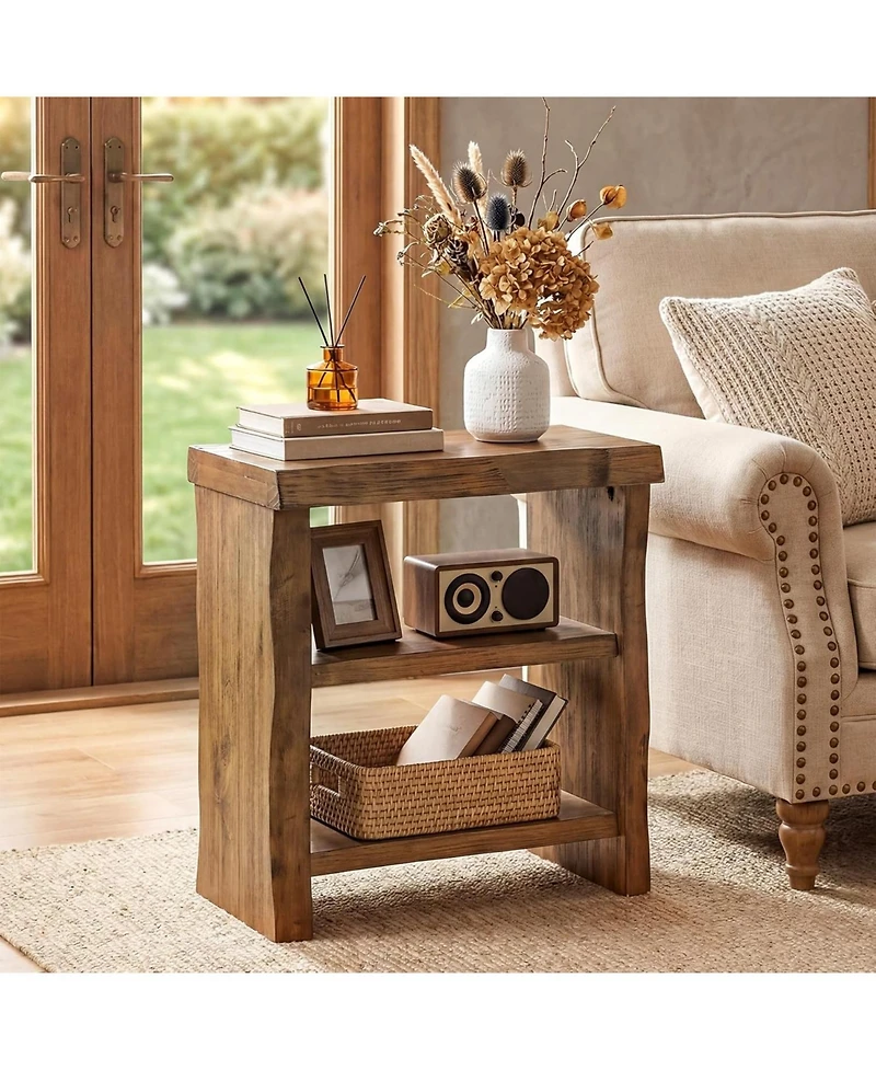 Tribesigns 3-Tier Solid Wood End Table Set of 2, Narrow Side Table with Live-Edge, Farmhouse Bedside Table
