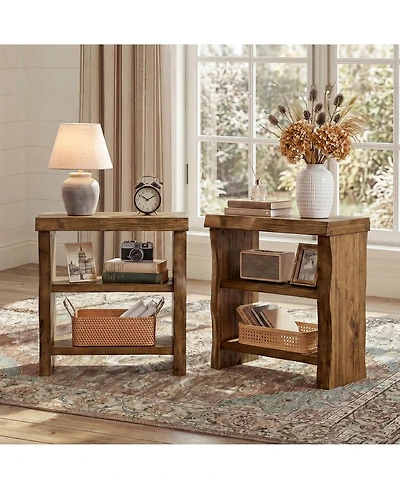 Tribesigns 3-Tier Solid Wood End Table Set of 2, Narrow Side Table with Live-Edge, Farmhouse Bedside Table