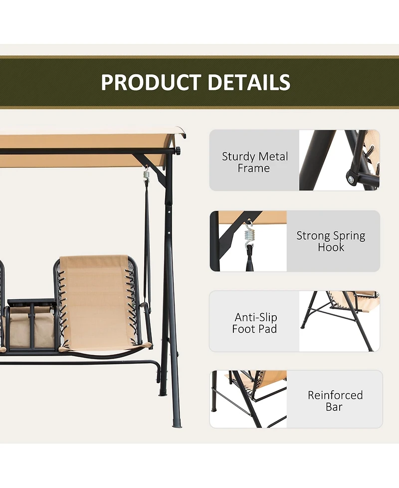 Outsunny 2-Seat Patio Swing Chair, Outdoor Canopy Swing Glider with Pivot Storage Table, Cup Holder, Adjustable Shade