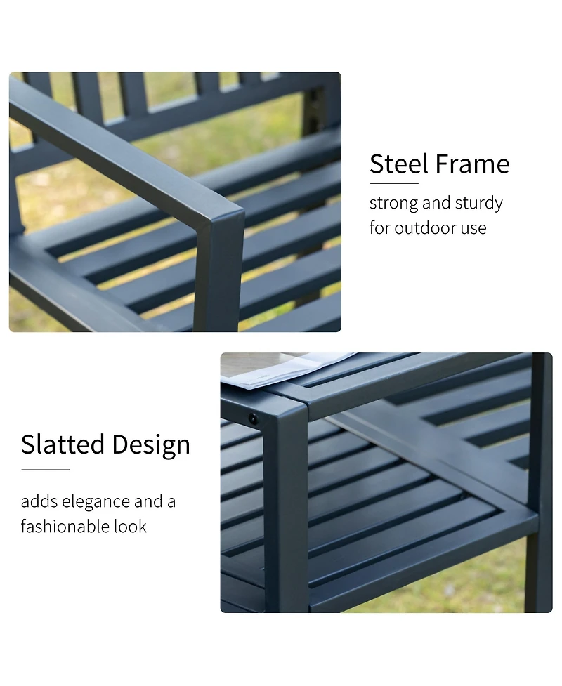 Outsunny Metal Garden Bench with Center Table and Umbrella Hole