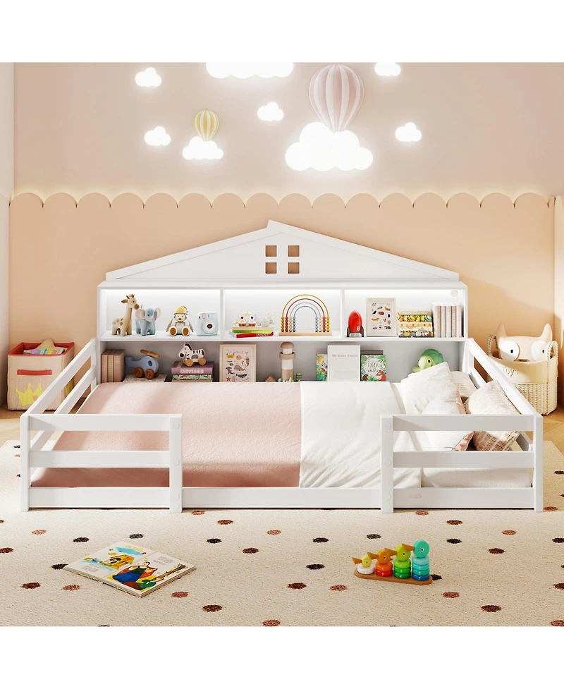 Slickblue Montessori Floor Bed Frame with Storage Compartments and Shelf for Toddler Bedroom