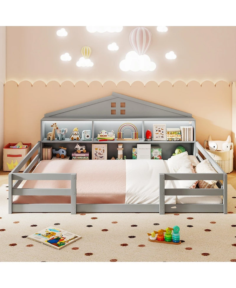 Slickblue Montessori Floor Bed Frame with Storage Compartments and Shelf for Toddler Bedroom