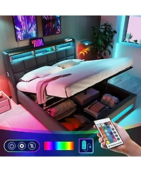 Rainsken Bed Frame, with Led Lights and Charging Station, Hydraulic Storage System, Upholstered Headboard