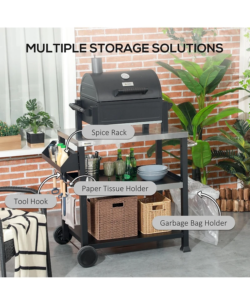Outsunny Movable Stainless Steel 3-Shelf Outdoor Grill Cart w/ Side Handle