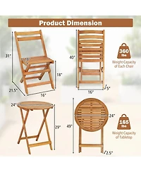 Gymax 3PCS Folding Bistro Set Solid Acacia Wood Table and Chairs Slatted Tabletop Patio