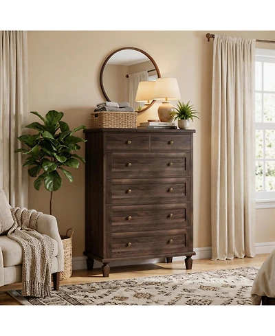 Homfan 47" Tall 6 Drawer Dresser, Vintage Wooden Chest, Carved Handles and Tapered Legs, Large Storage for Bedroom, Living Room, Entryway