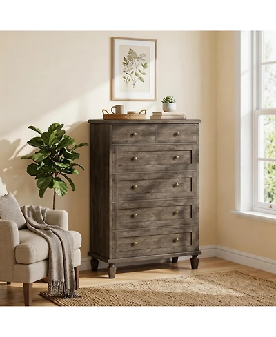 Homfan 47" Tall 6 Drawer Dresser, Vintage Wooden Chest, Carved Handles and Tapered Legs, Large Storage for Bedroom, Living Room, Entryway