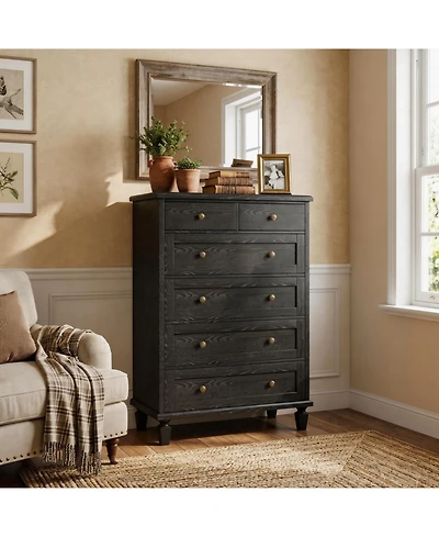 Homfan 47" Tall 6 Drawer Dresser, Vintage Wooden Chest, Carved Handles and Tapered Legs, Large Storage for Bedroom, Living Room, Entryway