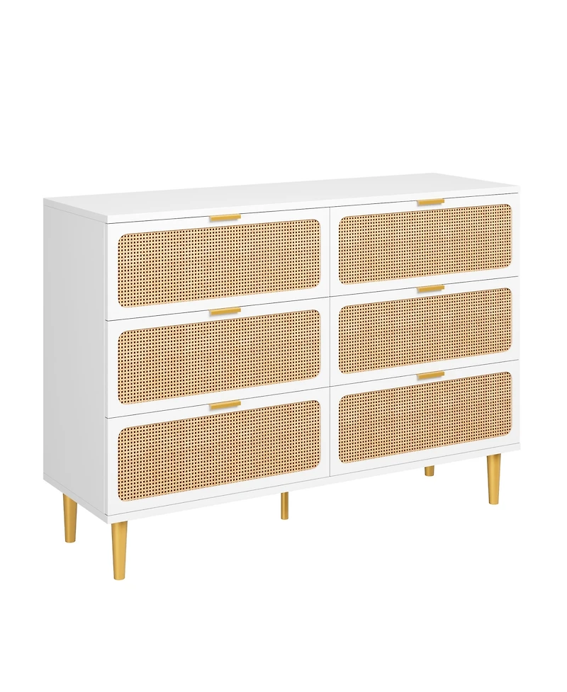 Homfan Modern Rattan 6 Drawer Dresser - Large Double Wooden Chest, Deep Wide Storage Drawers, Top Cabinet for Bedroom, Living Room