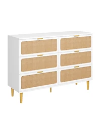 Homfan Modern Rattan 6 Drawer Dresser - Large Double Wooden Chest, Deep Wide Storage Drawers, Top Cabinet for Bedroom, Living Room