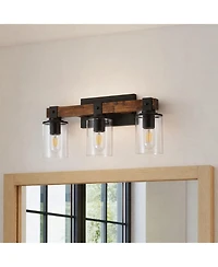Busdays 3 Light Farmhouse Bathroom Vanity Light Rustic Wood Black Metal Fixture Clear Glass Shades Over Mirror Wall Sconce