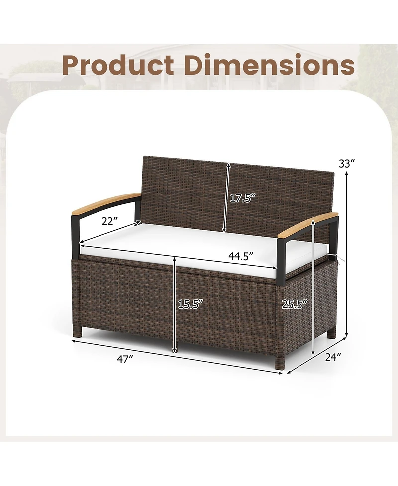 Gymax Outdoor Storage BenchCushion Backrest and Acacia Wood Armrests Hidden Storage