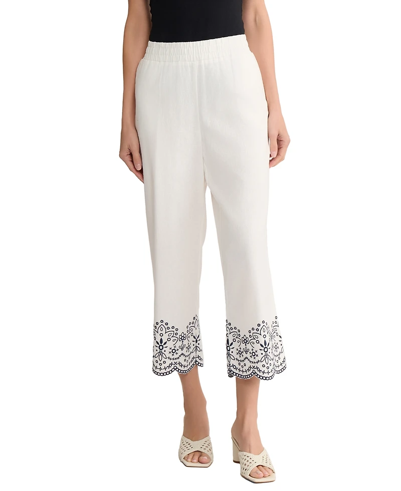Jones New York Women's Embroidered Cropped Linen-Blend Pull-On Pants