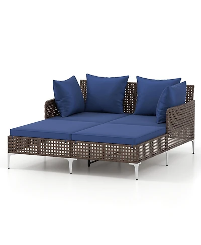 Gymax Outdoor Rattan Double Daybed Wicker Chaise Lounge for 2 w/ Seat & Back Cushions