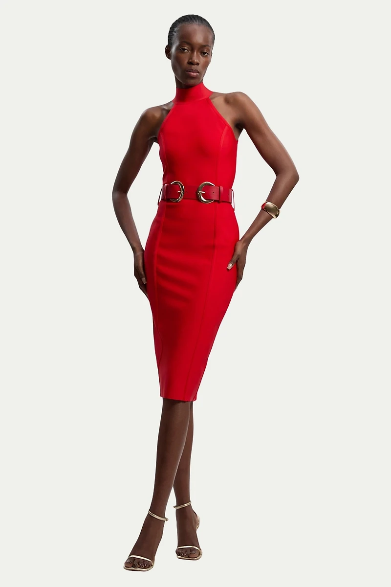 Karen Millen Women's Bandage High Neck Buckle Trim Midi Dress