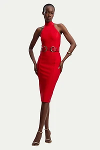 Karen Millen Women's Bandage High Neck Buckle Trim Midi Dress