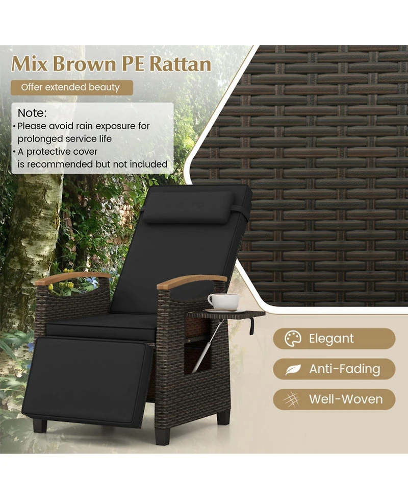 Gouun Outdoor Pe Wicker Patio Recliner Chair with Adjustable Backrest, Footrest and Side Table