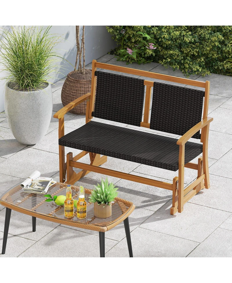 Gouun Outdoor Pe Rattan Gliding Rocking Armchair with Acacia Wood Frame and Curved Armrests