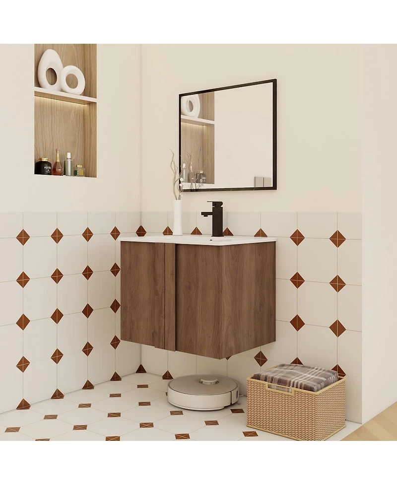 Sillysis Wall Mounted Bathroom Vanity with Ceramic Sink, Soft Close Double Doors