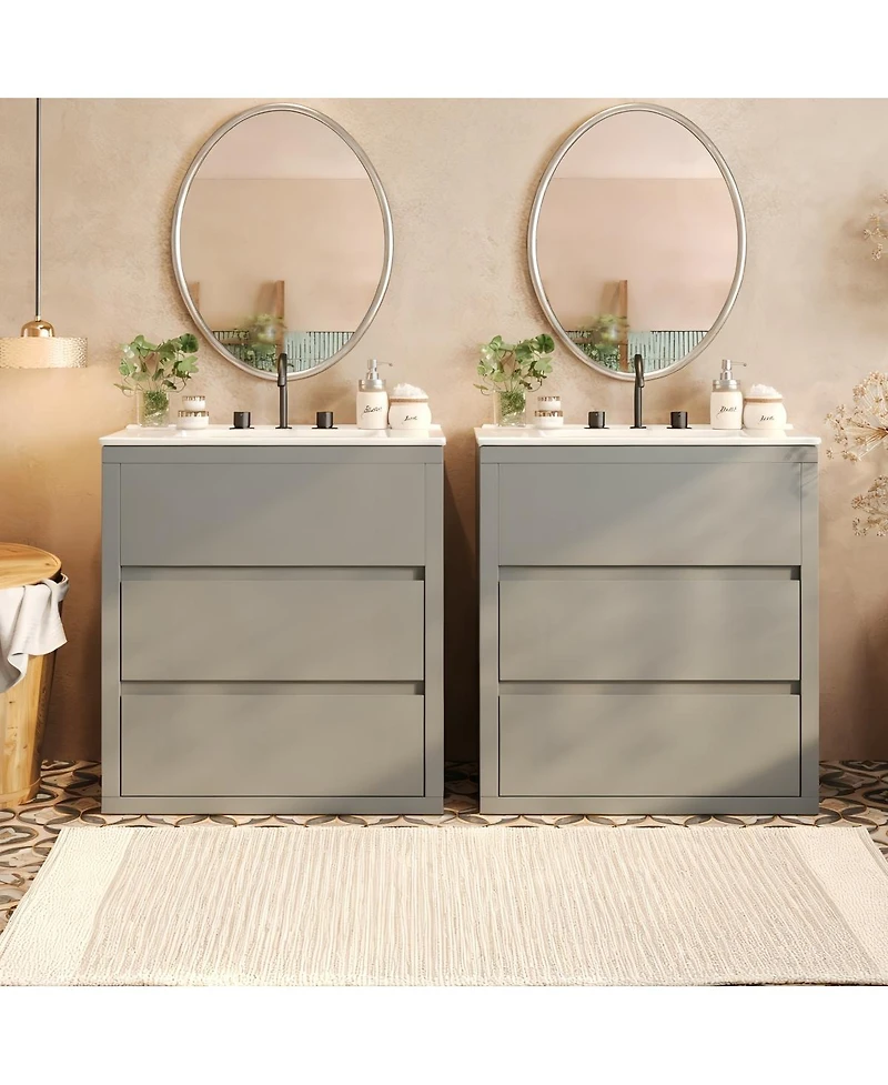 Sillysis 60 Inch Double Sink Bathroom Vanity Set, Ceramic Basins, Soft-Close Drawers, Handleless Design for Modern