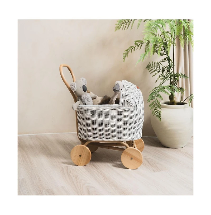 Momiji Colette Handcrafted Rattan Doll Stroller with Wooden Wheels and Toy Mattress - Wicker