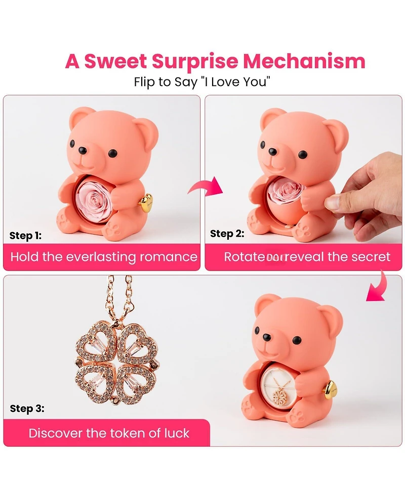 Gnuadz Teddy Bear Preserved Rose Necklace Box Couple Mother Gift