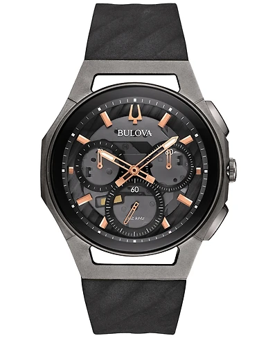 Bulova Men's Chronograph Curv Black Rubber Strap Watch 44mm 98A162