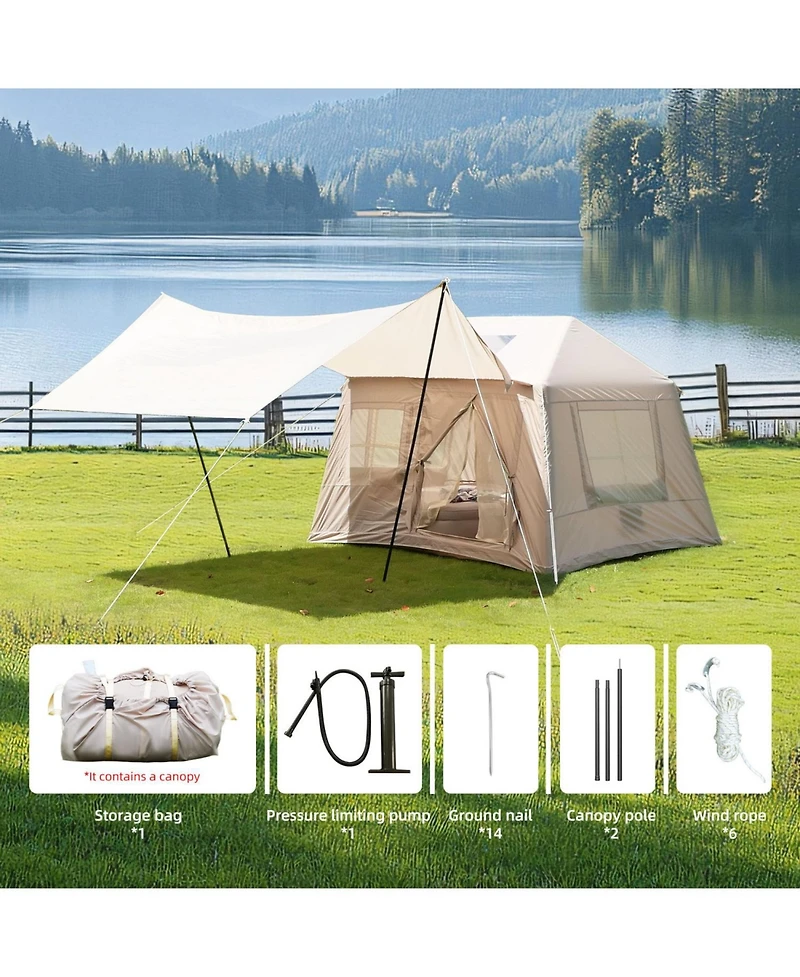 ECHTPeak 5.72m Inflatable Camping Tent, Easy Setup 4 Season Windproof Glamping Tent with Mesh Windows and Pump, Outdoor Cotton Tent