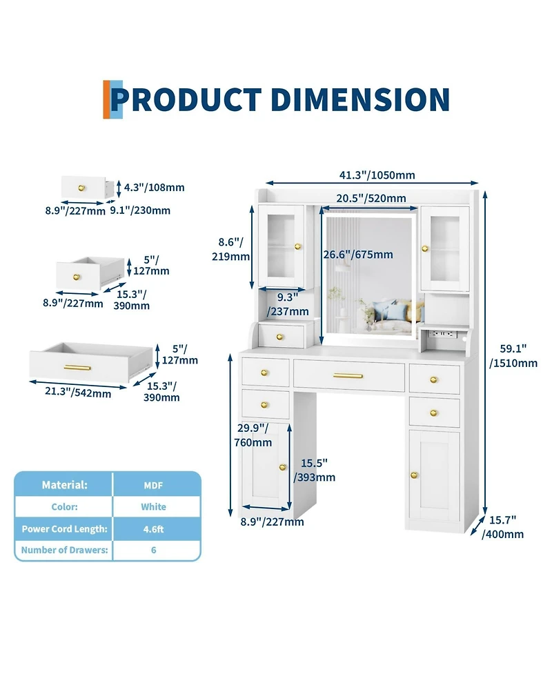 Homfan Modern Vanity Desk with Led Mirror, 3 Light Modes, Charging Station, 6 Drawers, Cabinet and Shelves, Gold Accents Makeup Table for Bedroom