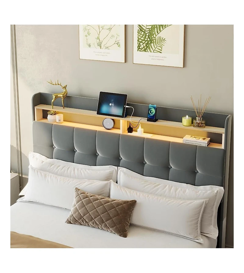 gaomon Bed Frame with Headboard and 2 Storage Drawers, Upholstered Bed Frame with Led Light, Modern Soft Bed with Charging Socket and Usb