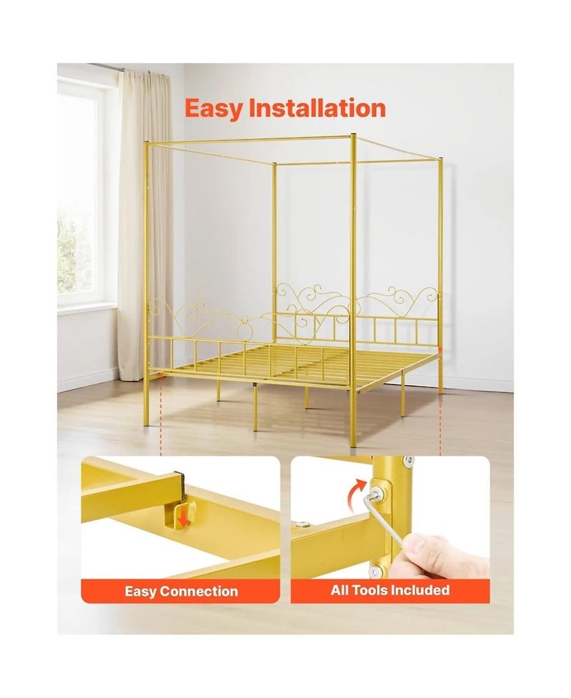 Sugift Canopy Bed Frame Metal Four Poster with Minimalist Headboard
