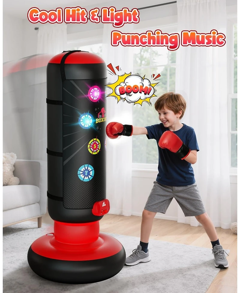 HopeRock Punching Bag for Kids, Boxing Set with Scoring, Light, Music, 4 Game Modes, Inflatable Boxing Bag with Gloves