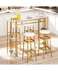 Gymax 60'' Long Bar Table Narrow Pub Table Faux Marble Tabletop and Storage Shelves