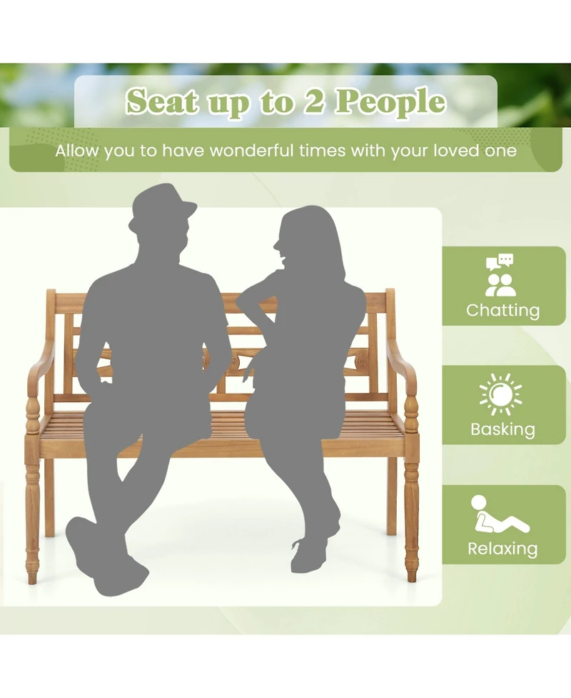 Sugift 2-Person Teak Wood Patio Bench with Wide Backrest Curved Armrests