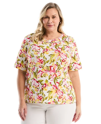 Rafaella Plus Petal Print Pom Trim Detail Short-Sleeve Top