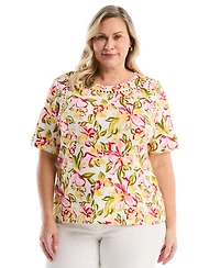 Rafaella Plus Petal Print Pom Trim Detail Short-Sleeve Top