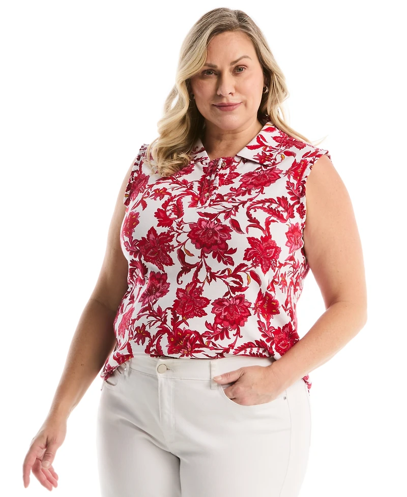 Rafaella Plus Botanical Print Ruffle Trim Sleeveless Polo Shirt