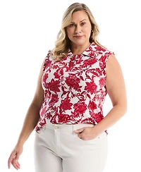 Rafaella Plus Botanical Print Ruffle Trim Sleeveless Polo Shirt